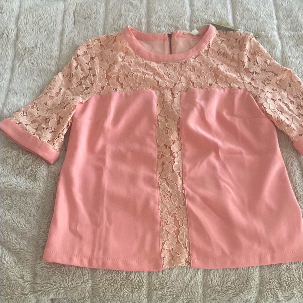 Pink Lace Panel Short Sleeve Blouse New With Tags